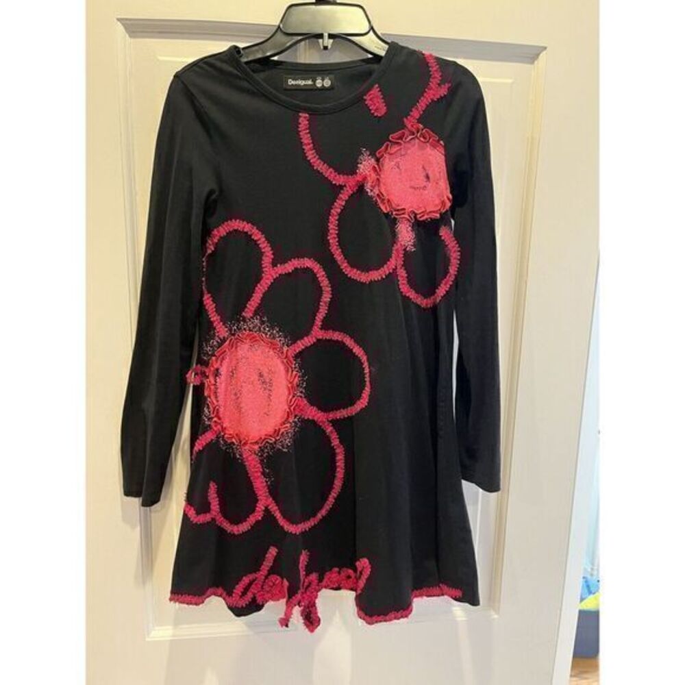 DESIGUAL FLORAL PINK ART LOGO BLACK GIRLS DRESS,‎ SIZE 11-12